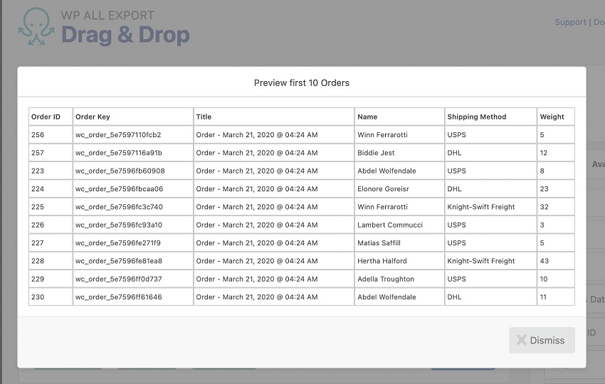 WooCommerce Export Order fields Preview in WP All Export