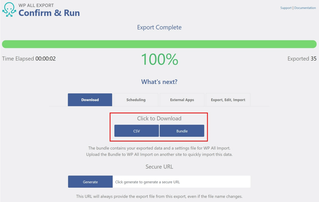 Order export download option