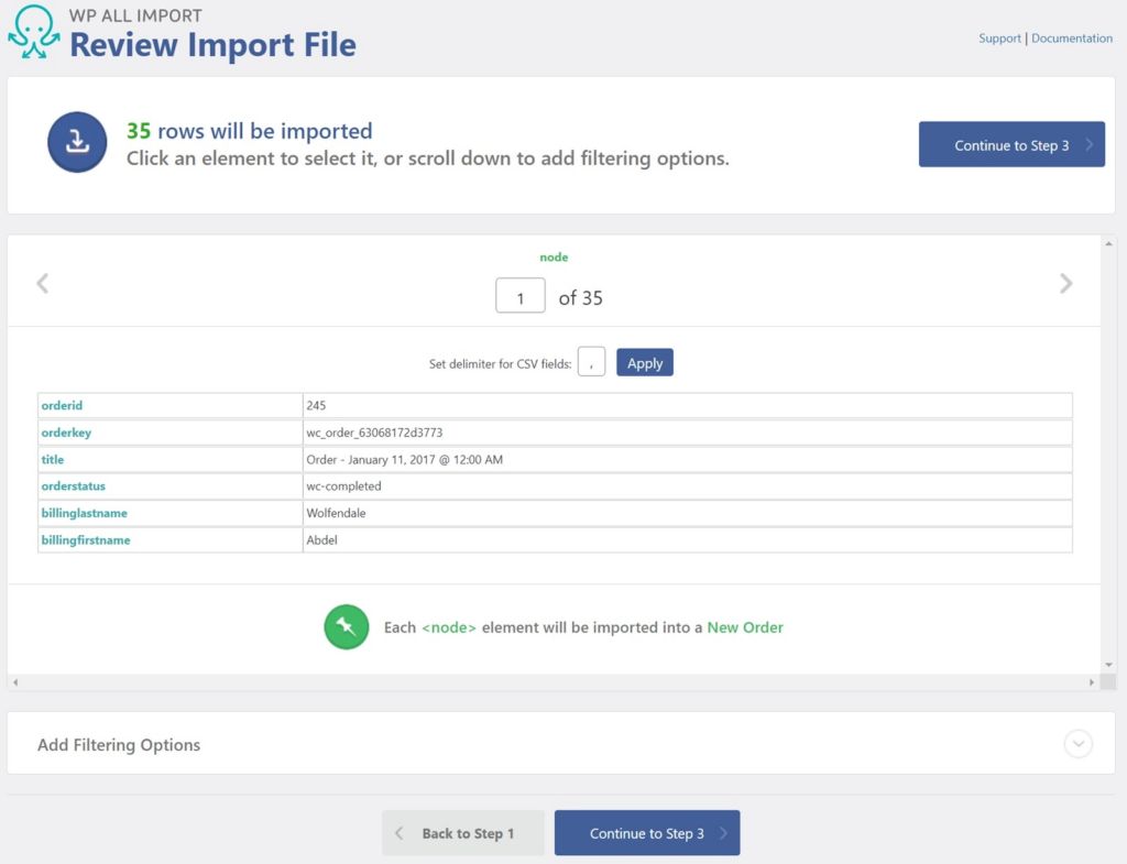 Review order records in import file