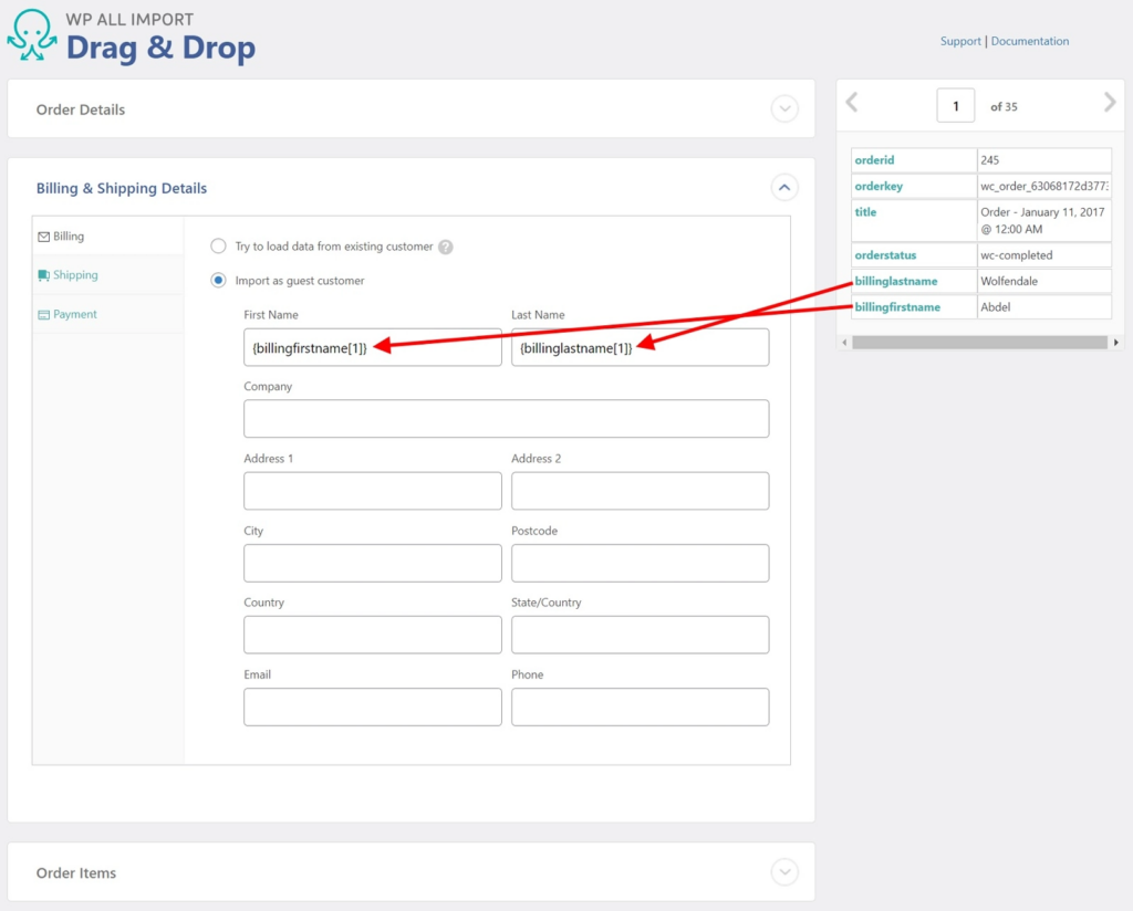 Other order fields added from import file