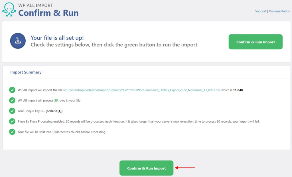 import summary on the confirm and run screen