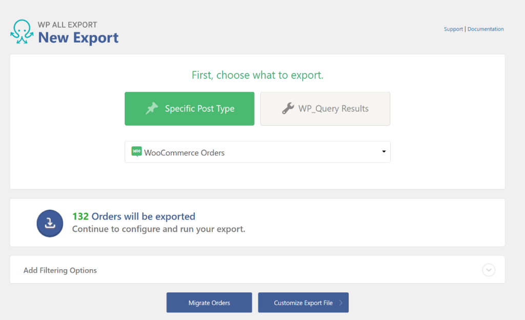 select woocommerce orders as export type