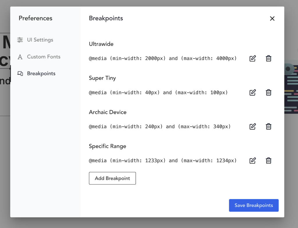 Breakdance custom breakpoints