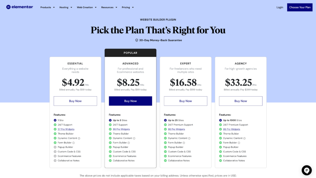 Elementor pricing plans