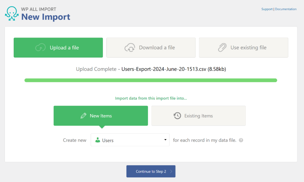 Start a new import and upload your user data file