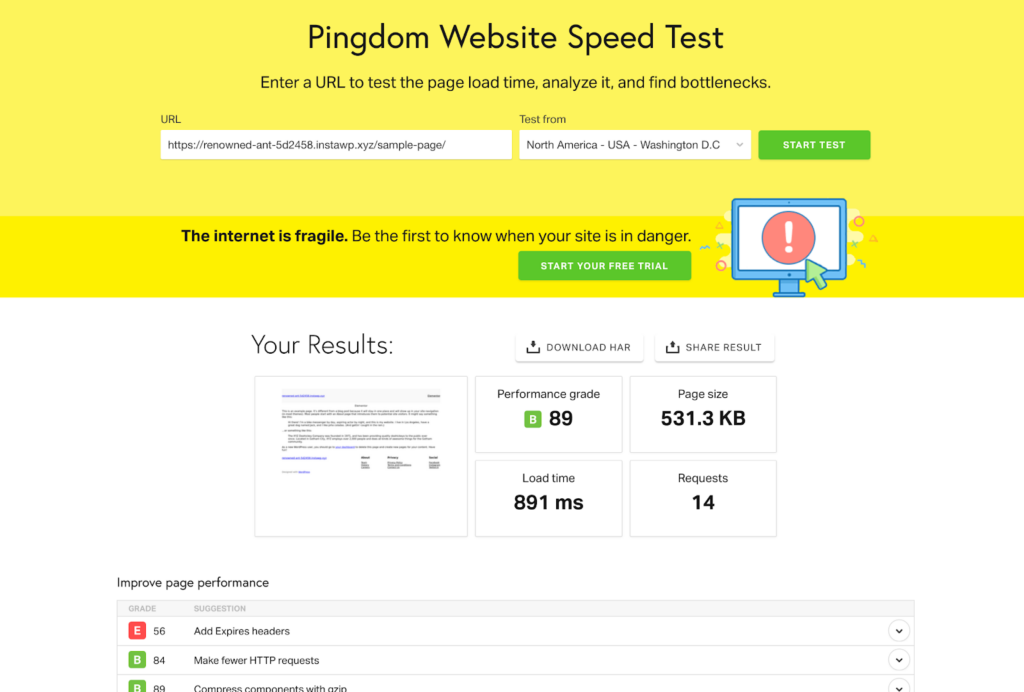 elementor page speed result sample page