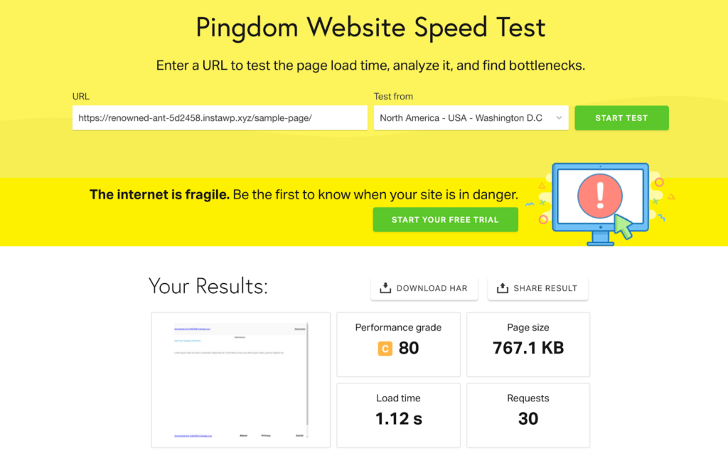 elementor page speed result with widgets added