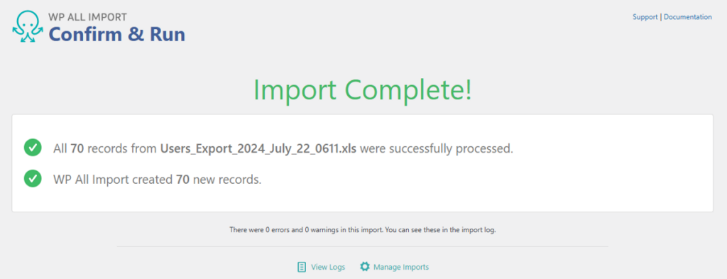 import users from Excel file complete confirmation