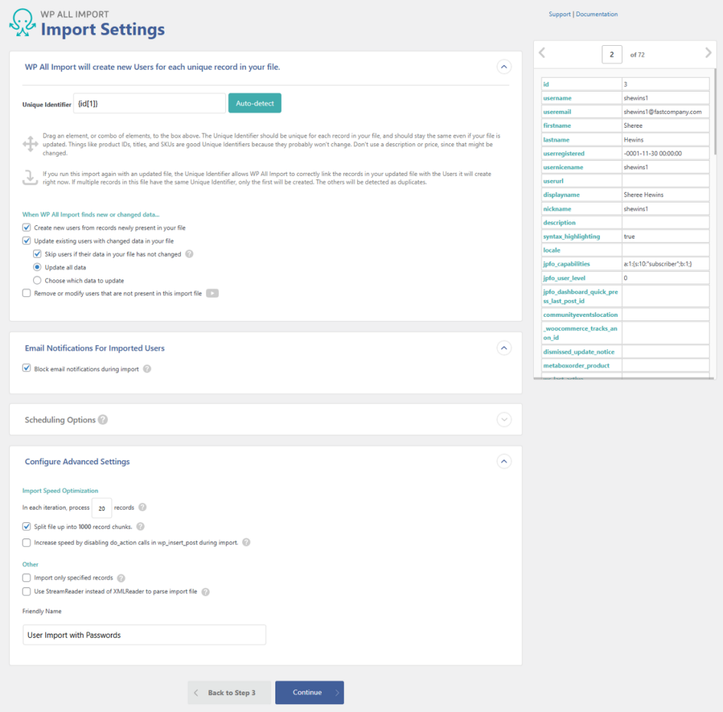 import user settings page