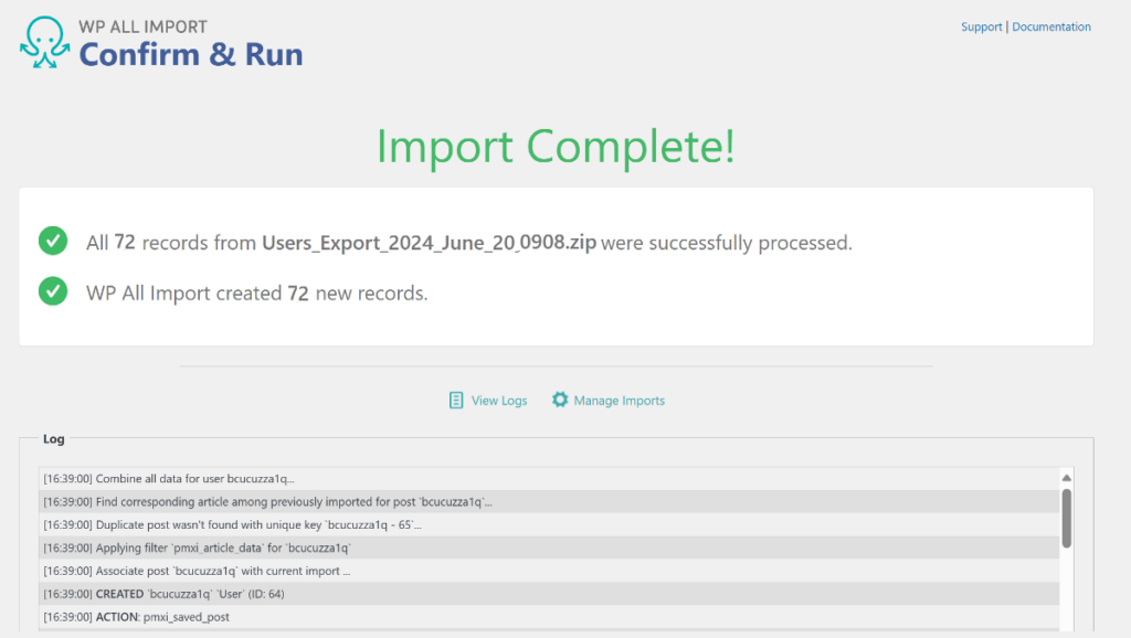 import users with passwords complete confirmation