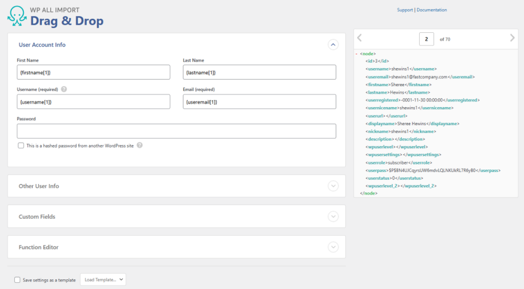 map fields from your import file to WordPress fields