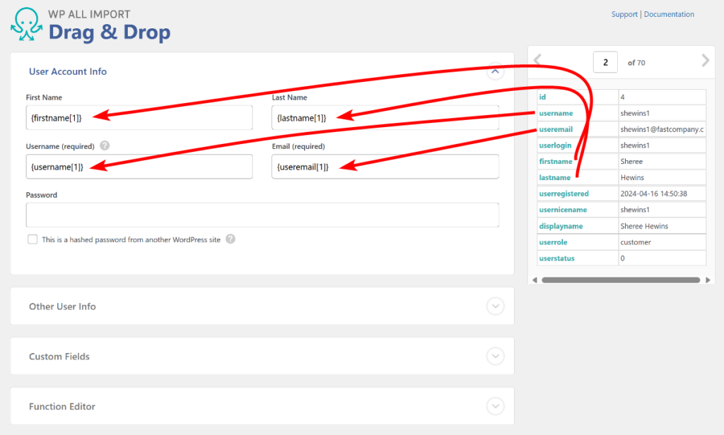 map user fields from import file to your WordPress website