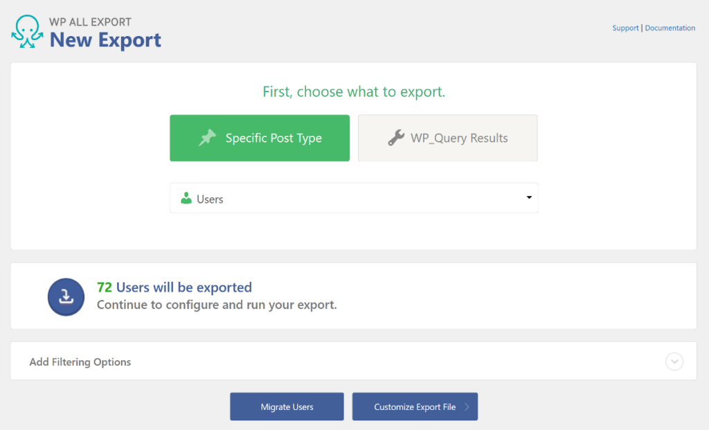 select export type as users