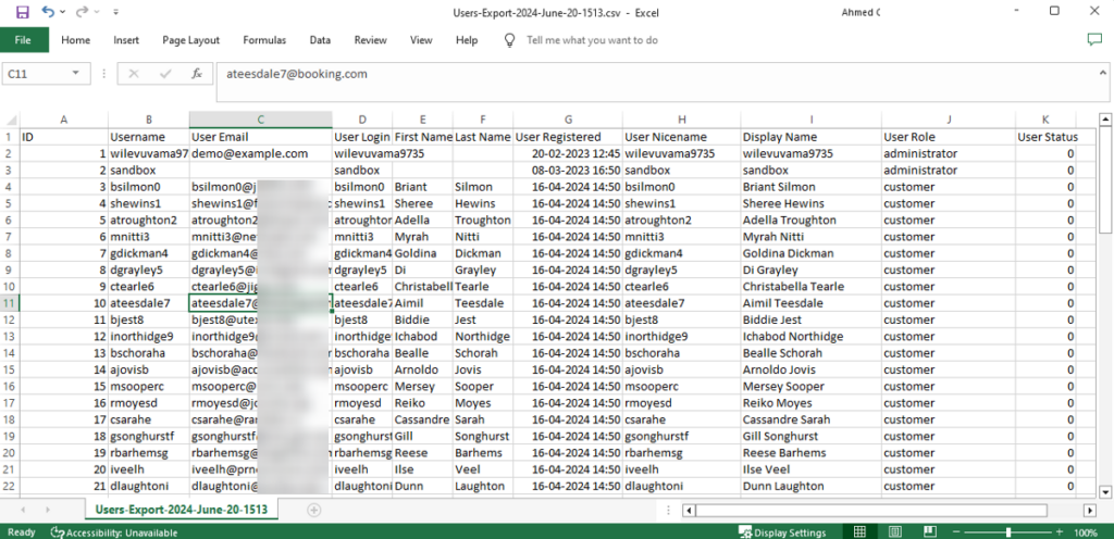 user data in a CSV file