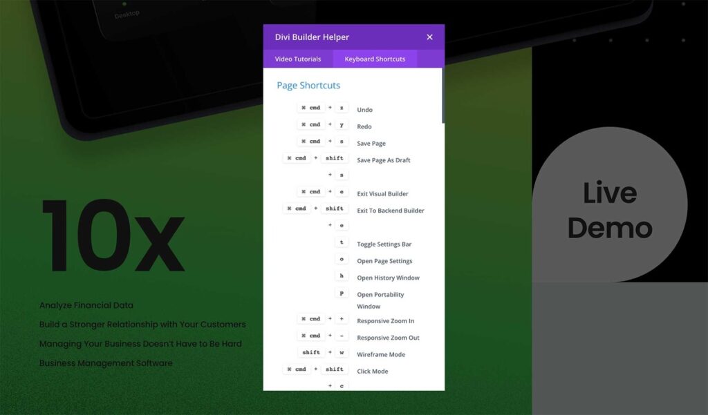 Divi keyboard shortcuts