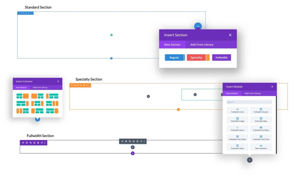 Divi row column and modules building blocks