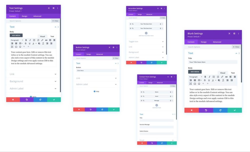 Divi settings panel for various modules