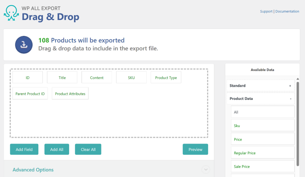 Export Drag and Drop page