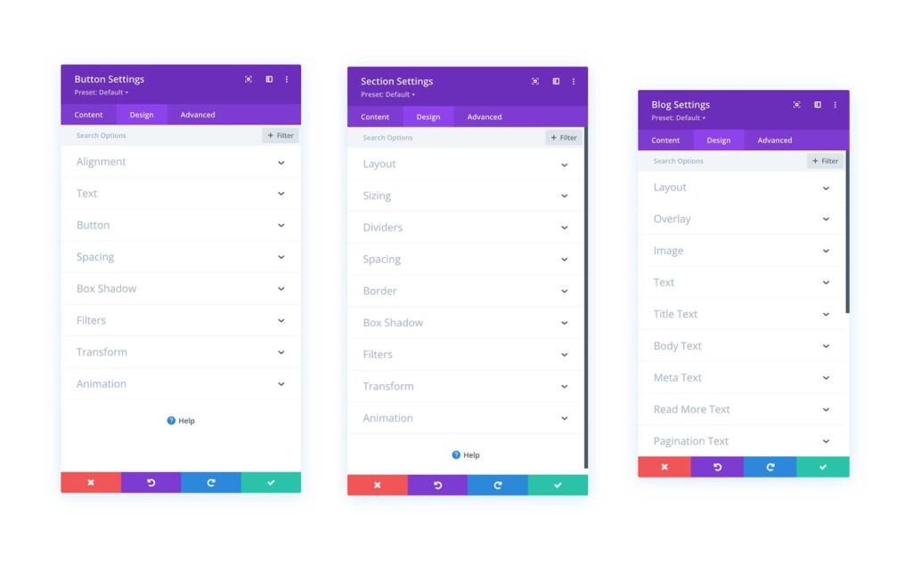 design tab options in Divi