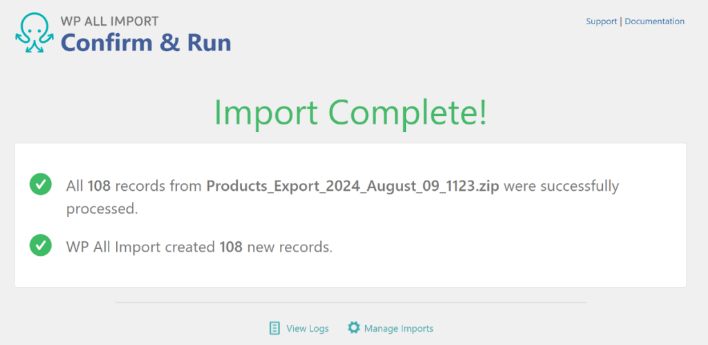 import complete summary WP All Import