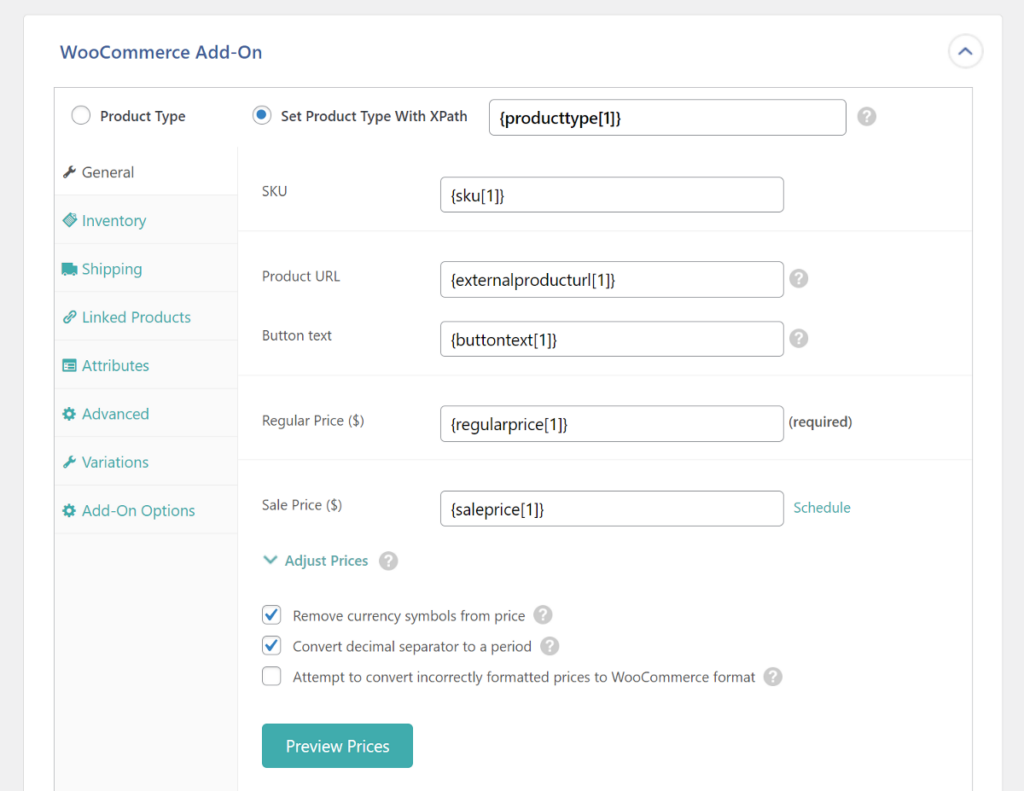 WooCommerce add-on fields mapping