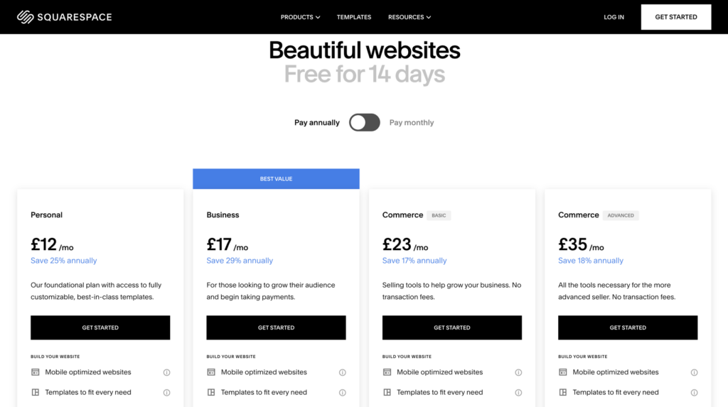 Squarespace UK Pricing