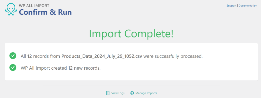 import complete confirmation