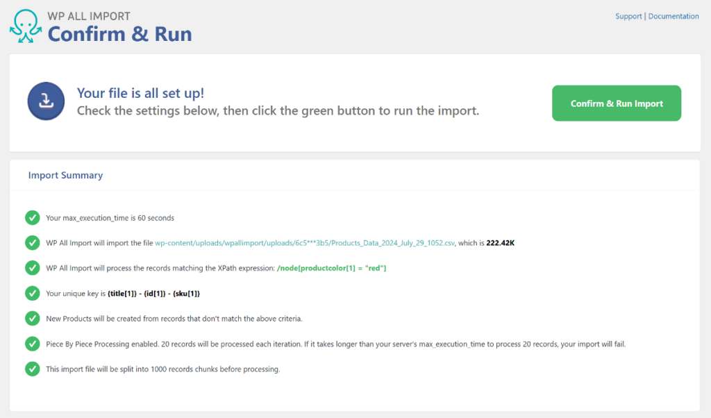 import summary showing the settings we applied so far