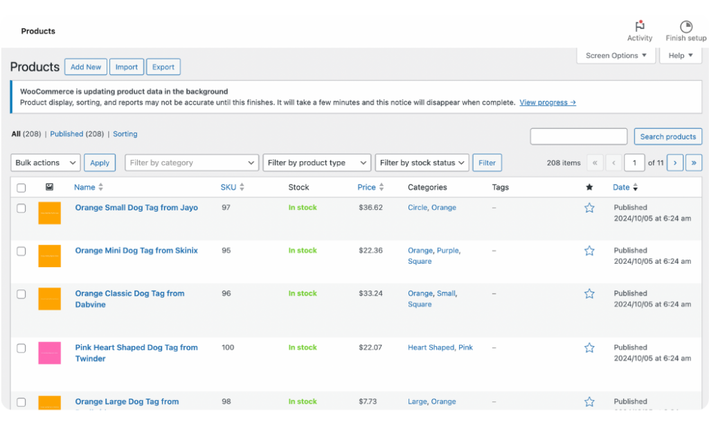 imported products with categories in WP dashboard