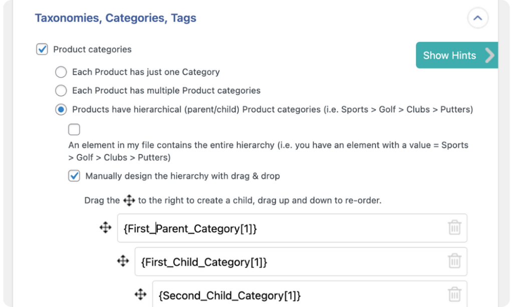 manually map product categories with hierarchy