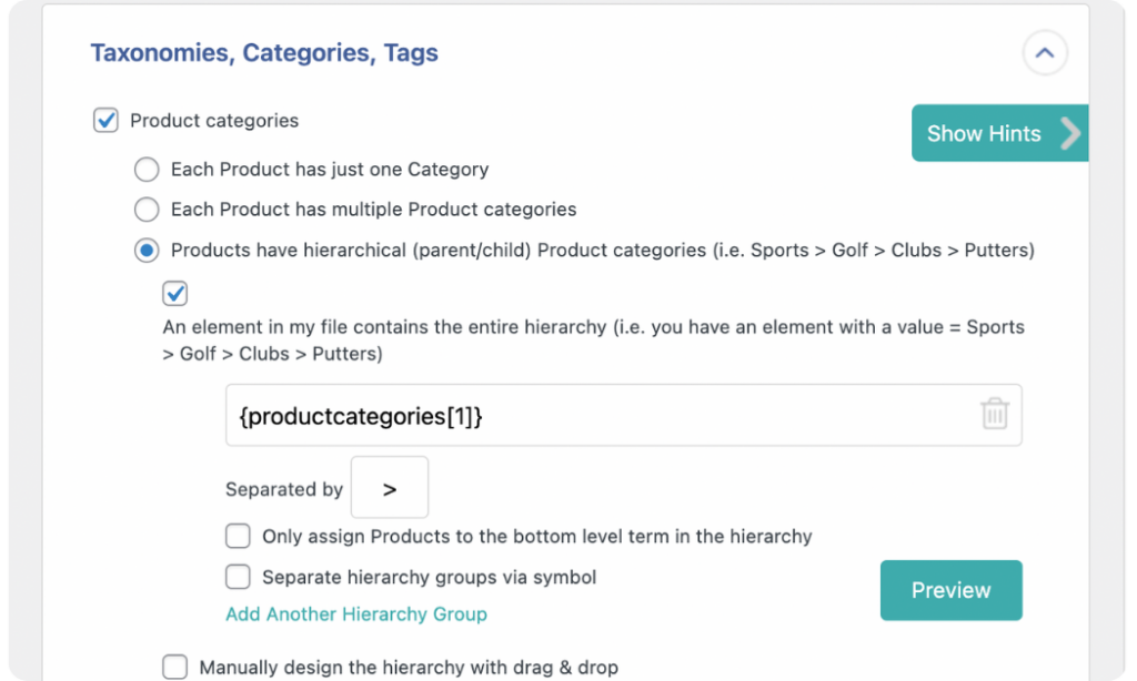 map product having hierarchical product categories in a single column