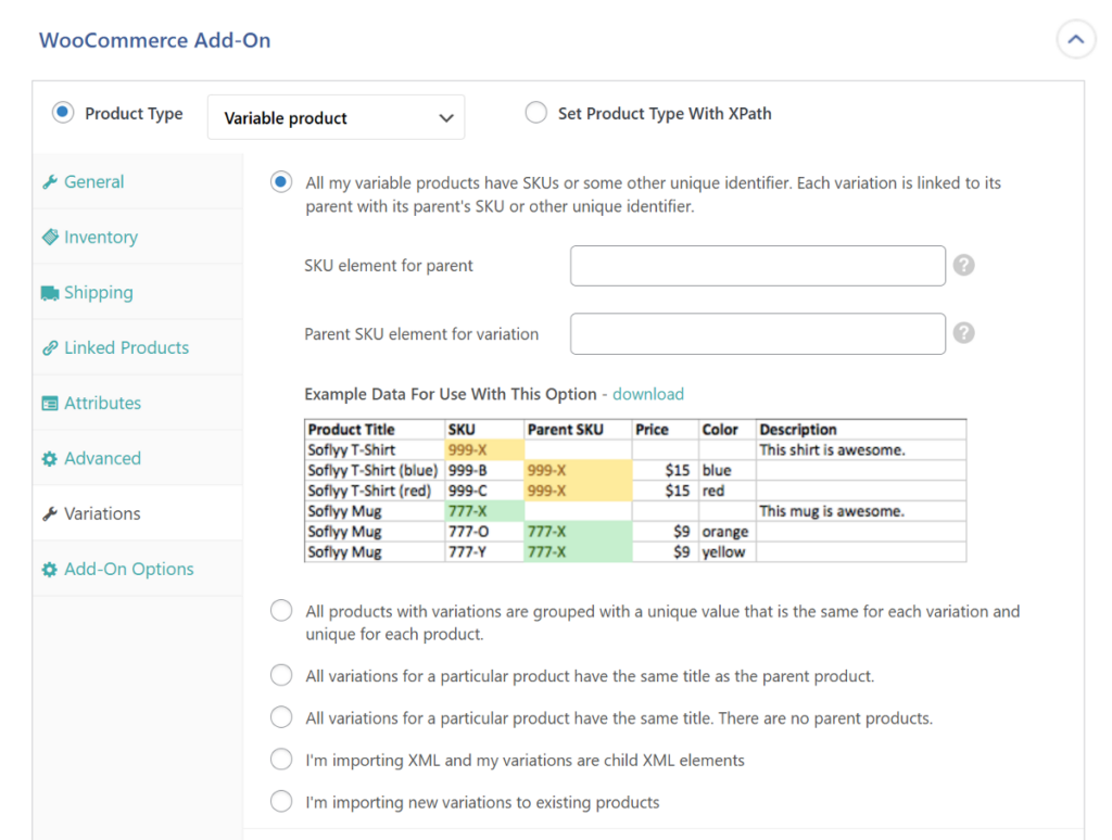 product variation import type