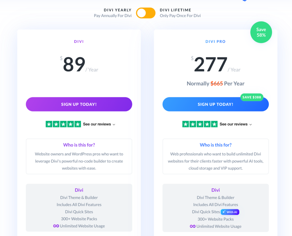 Divi pricing plans