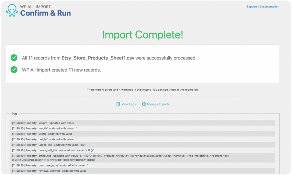 Etsy to WooCommerce product import complete