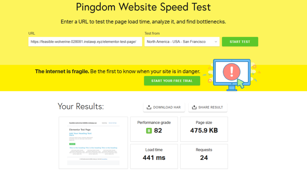 Elementor performance of a test page