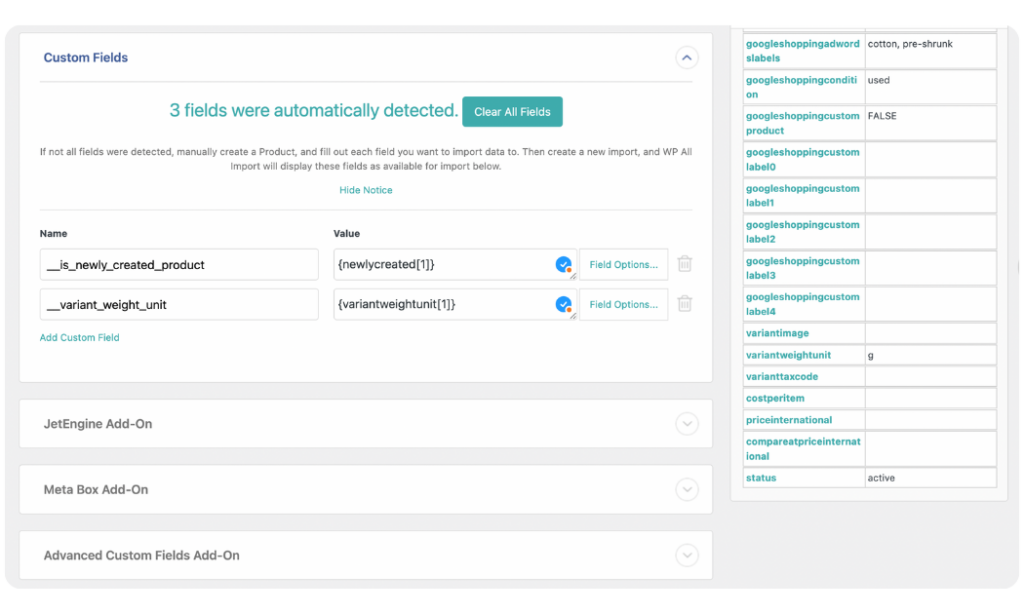 map custom fields from Shopify to WooCommerce