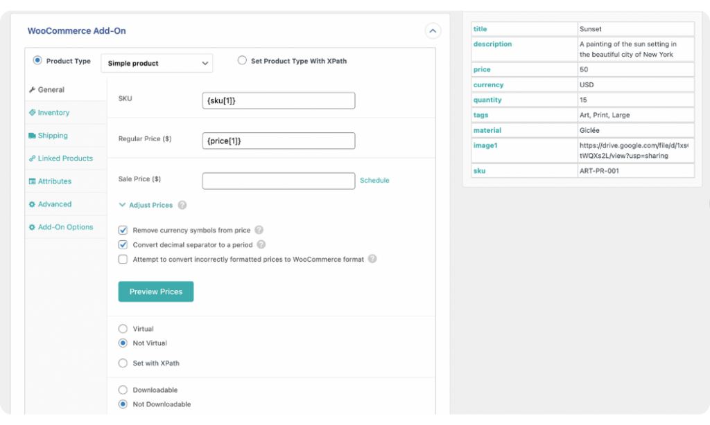 map etsy product data in WooCommerce add on panel