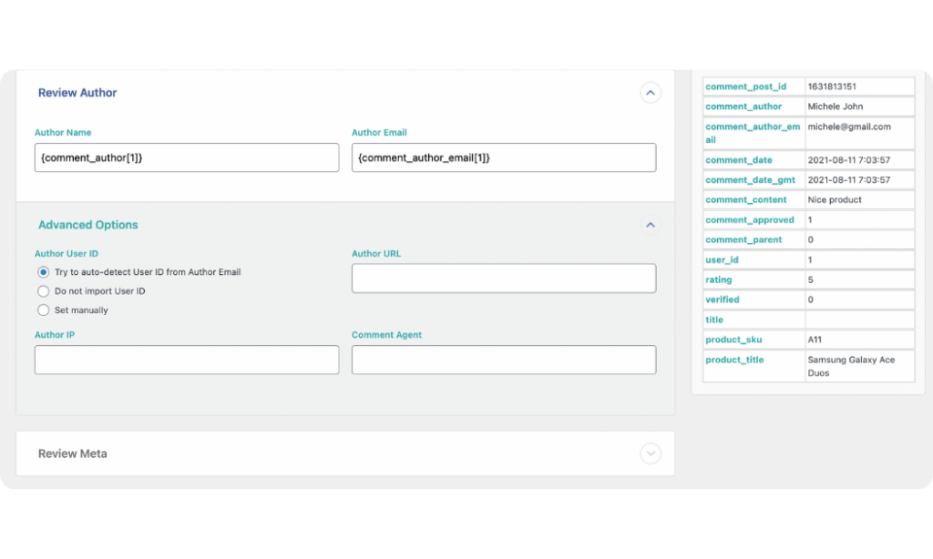 map product review author fields using WP All Import