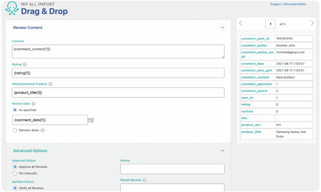 map product review fields to the woocommerce fields