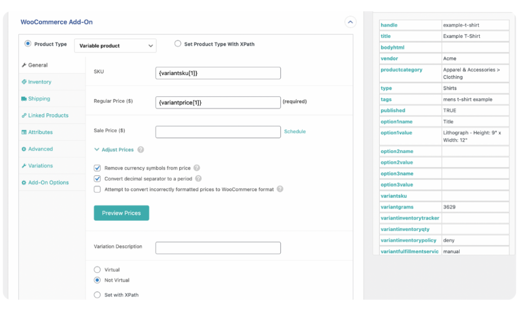 map shopify product data to WooCommerce add-on panel