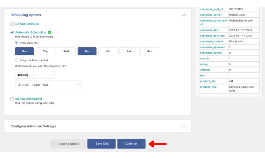 product review import scheduling option in WP All Import