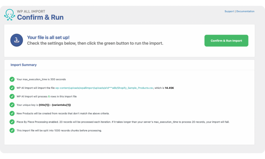 review import settings before running the import