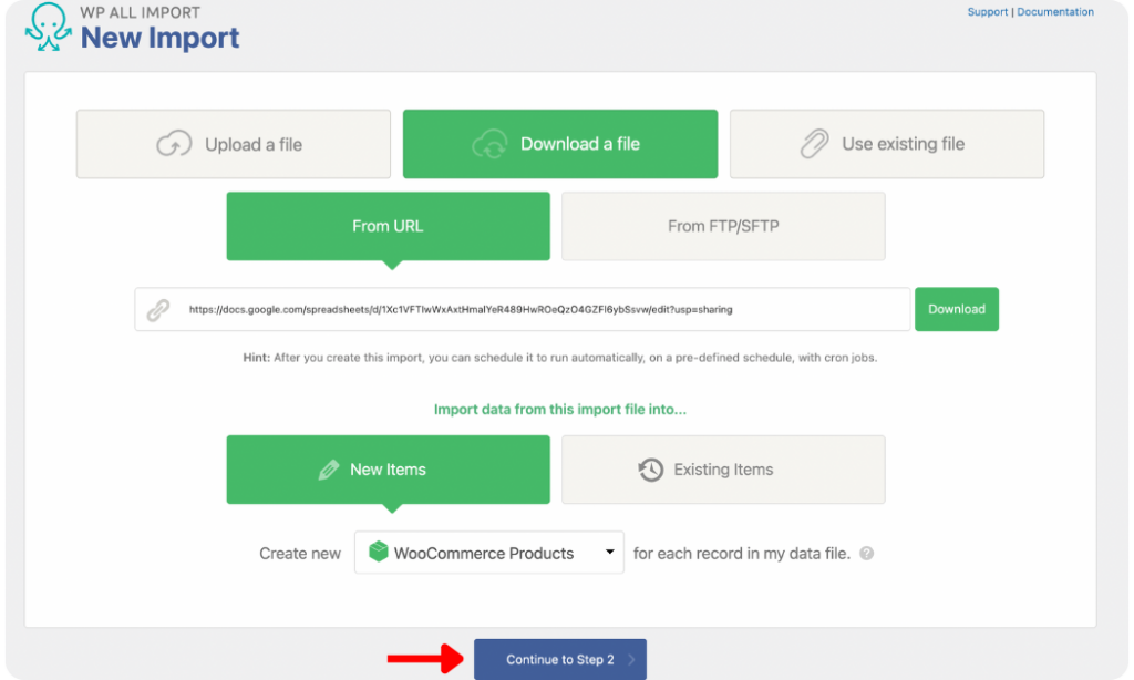 Add Google Sheets URL in WP All Import to start the product import process