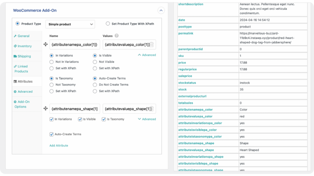 map product attribute fields